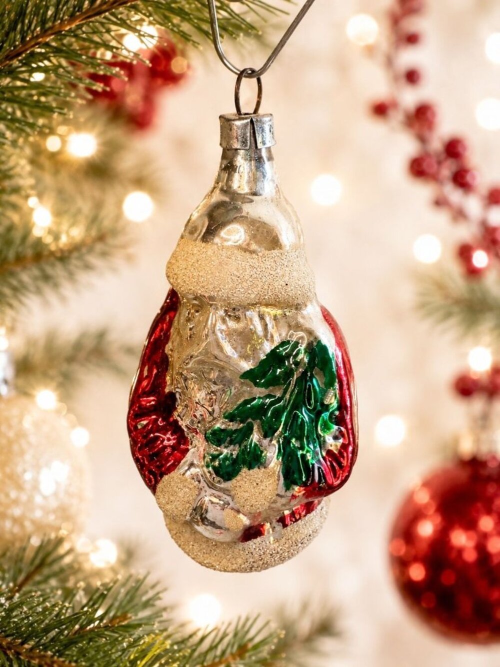 Antique West Germany Santa With Tree Glass Christmas Ornament 3 1/2"